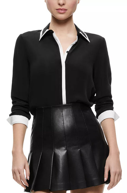 alice + olivia Willa Placket Silk Blouse with White Piping, Black