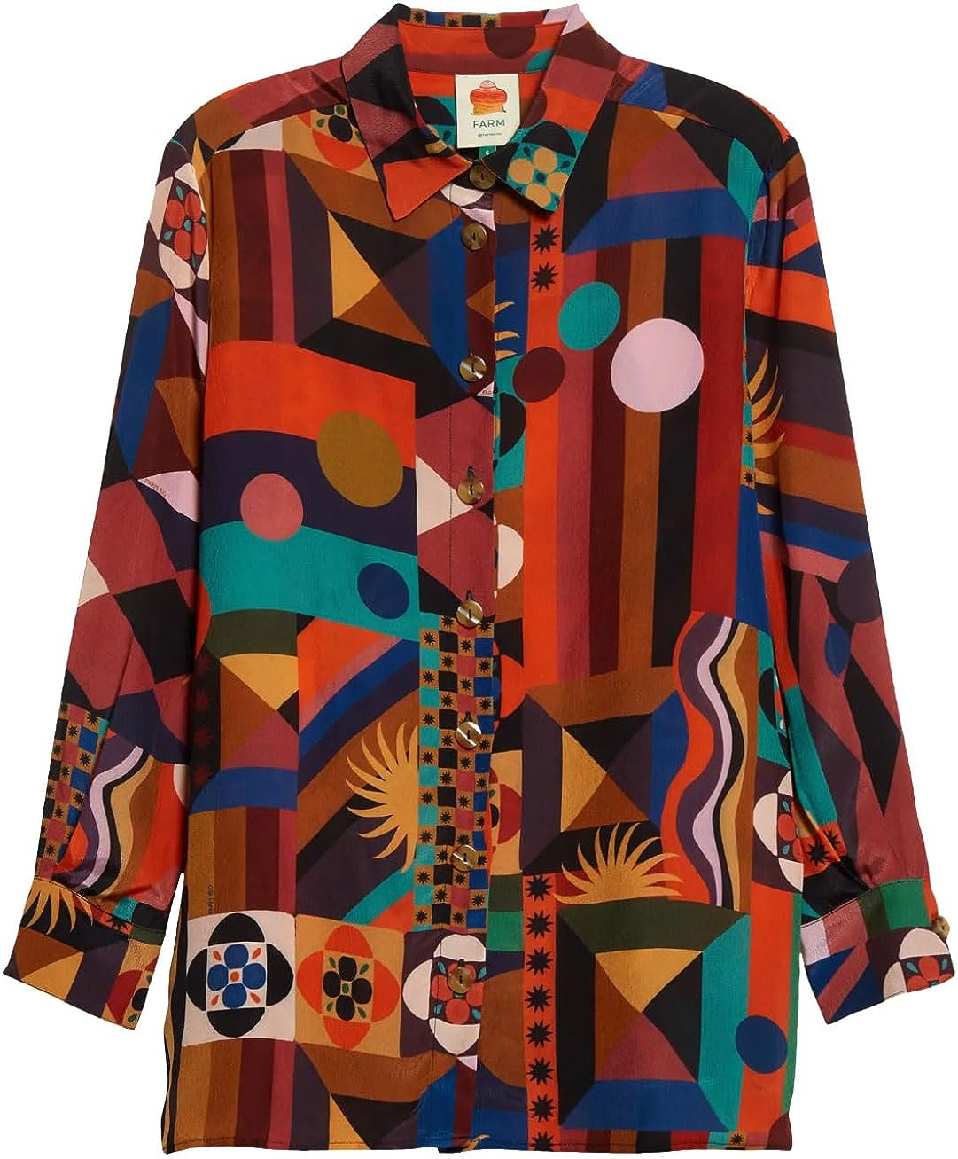 Farm Rio Women Tropical Shapes Multicolor Long Sleeve Shirt Blouse