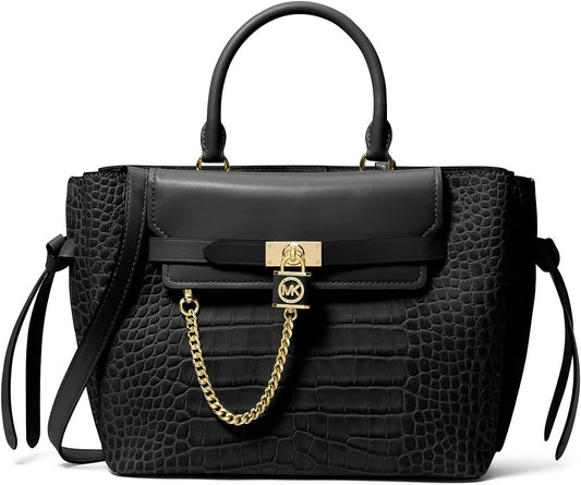 Michael Kors Women Hamilton Legacy Lg Belted Satchel Embossed Leather Black OS