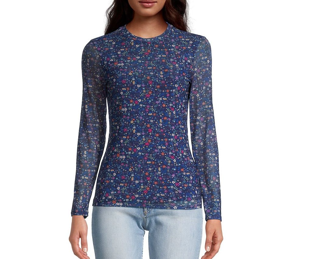 Johnny Was Women Catalina Floral Mesh Long Sleeve Crew Neck Tee Multicolor