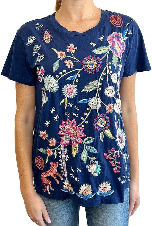 Johnny Was Women Griffin Easy Fit Tee Navy Blue Embroidered Floral T-Shirt