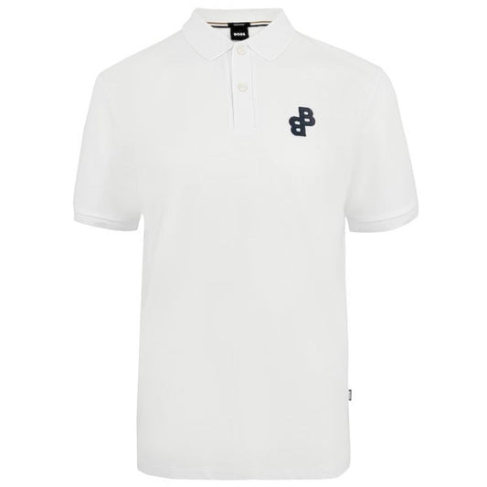 Hugo Boss Men Parlay -White Pique Cotton BB Logo Short Sleeve Polo Shirt