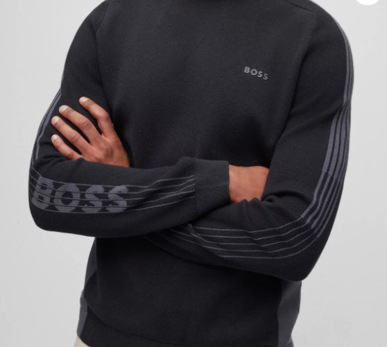 Hugo Boss Men Rinos 001-Black Logo on Sleeves Crew Neck Cotton Sweater