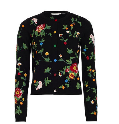 alice + olivia Women's Black Multi Color Ruthy Embroidered Floral Cardigan