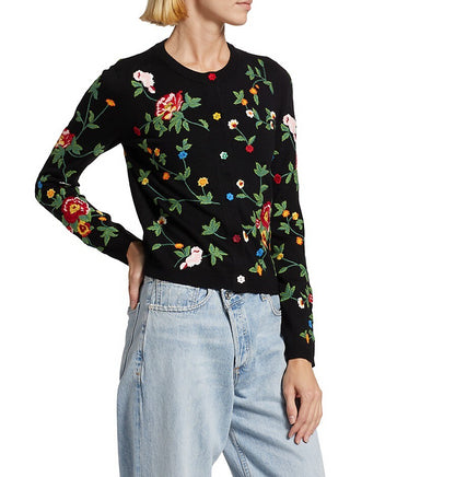 alice + olivia Women's Black Multi Color Ruthy Embroidered Floral Cardigan