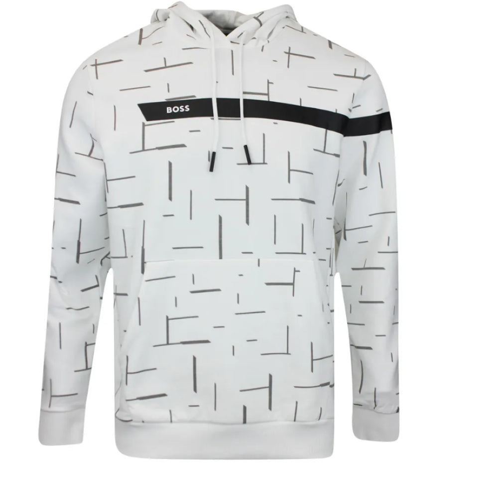 Hugo Boss Men Soody 1 100-White Geometric Print Logo Hoodie Sweatshirt
