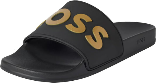 Hugo Boss Men's Kirk Black Gold Logo Slides Shoes