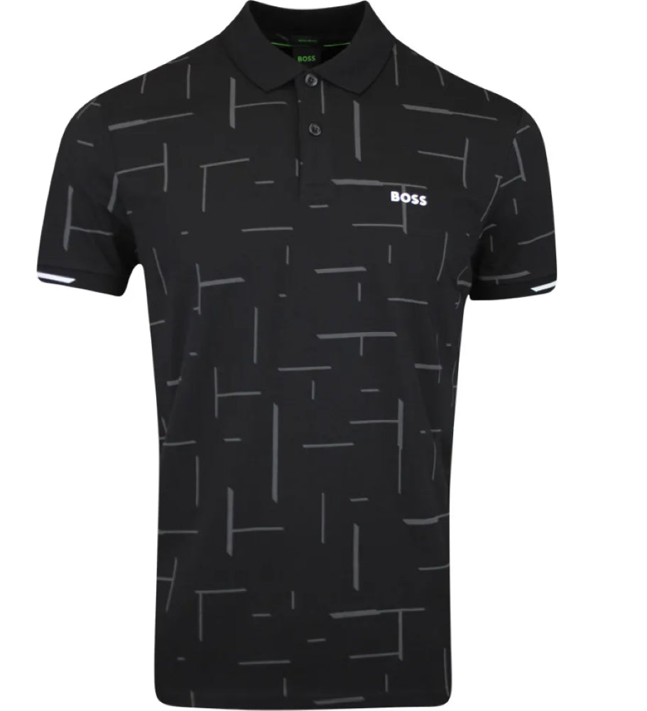 Hugo Boss Men's Paddy 2 Black Geometric Print Short Sleeve Cotton Polo T-Shirt