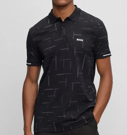 Hugo Boss Men's Paddy 2 Black Geometric Print Short Sleeve Cotton Polo T-Shirt