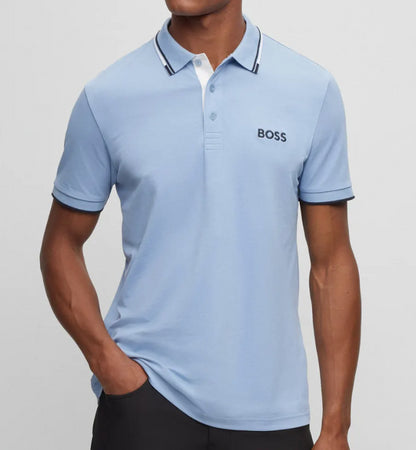 Hugo Boss Men's Light Blue Stretch Cotton Paddy Pro Short Sleeve Polo T-Shirt