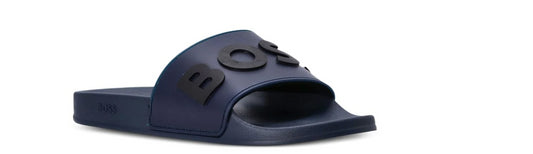 Hugo Boss Men's Kirk Navy Blue Black Logo Slides Shoes