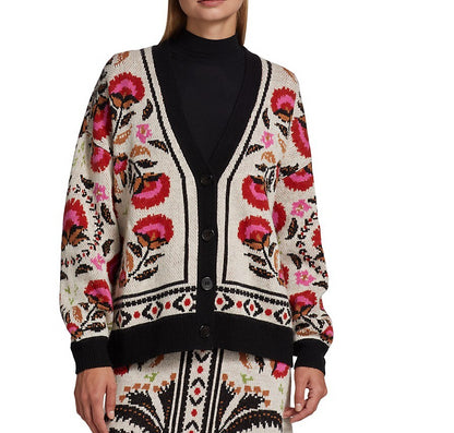 Farm Rio Women Palms Paradise Sand Needlepoint Knit Cardigan Sweater