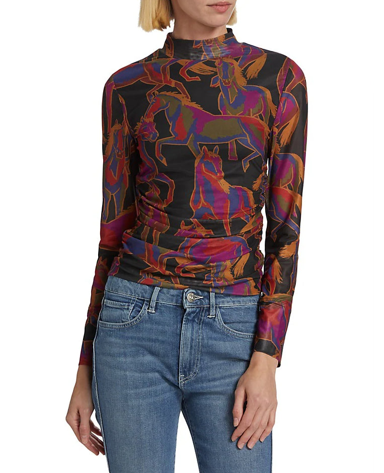 Farm Rio Women Wild Horses Tulle Blouse Long Sleeve Mock Neck Top Multi