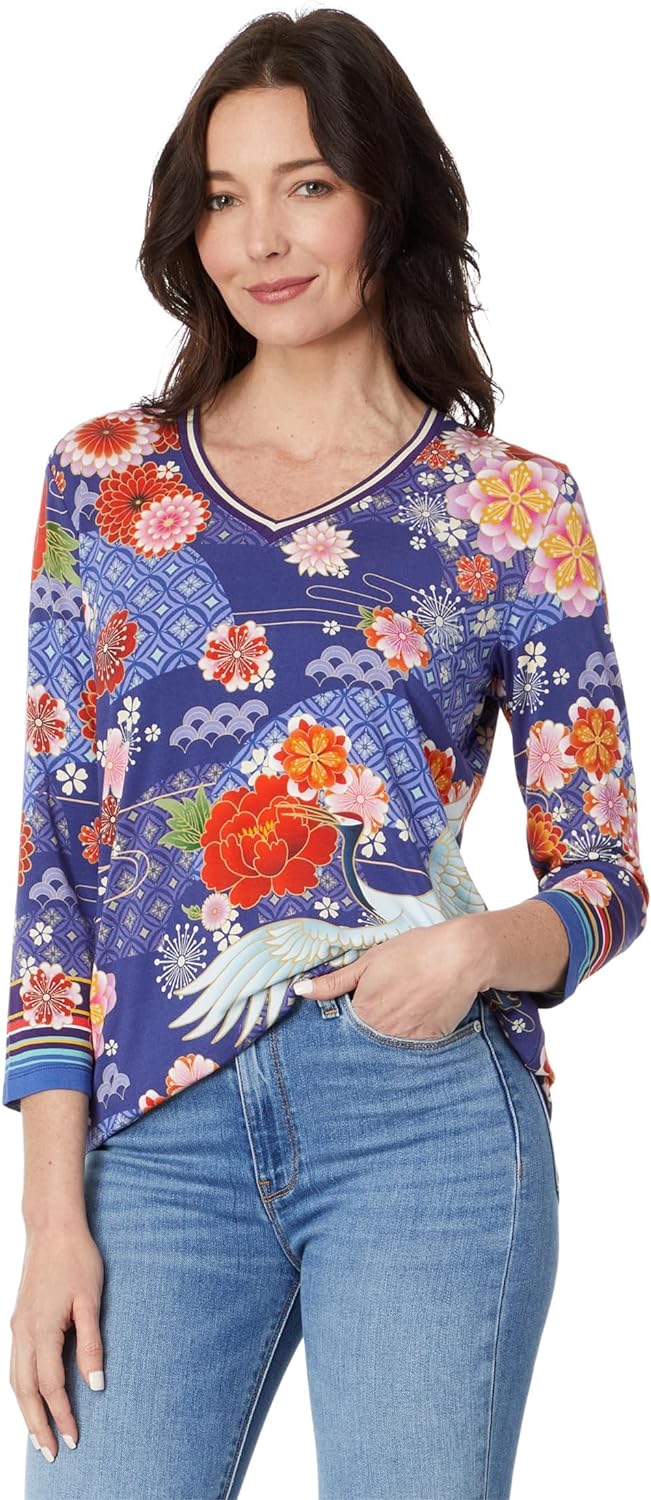 Johnny Was Women Pajaro Favorite 3/4 Sleeve V-Neck Tee Multi Long Sleeve T-Shirt