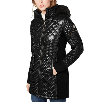 Michael Michael Kors Mixed Media Diamond Quilted Faux Fur Hooded Lightweight Jac