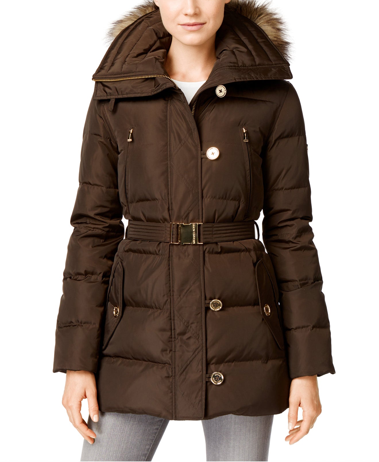 MICHAEL MICHAEL KORS Woman's Brown Hooded Belted Quilted Puffer Down Coat