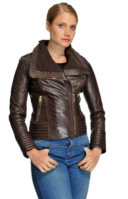 Michael Michael Kors Women's Brown Leather Asymmetrical Zip Jacket Outerwear