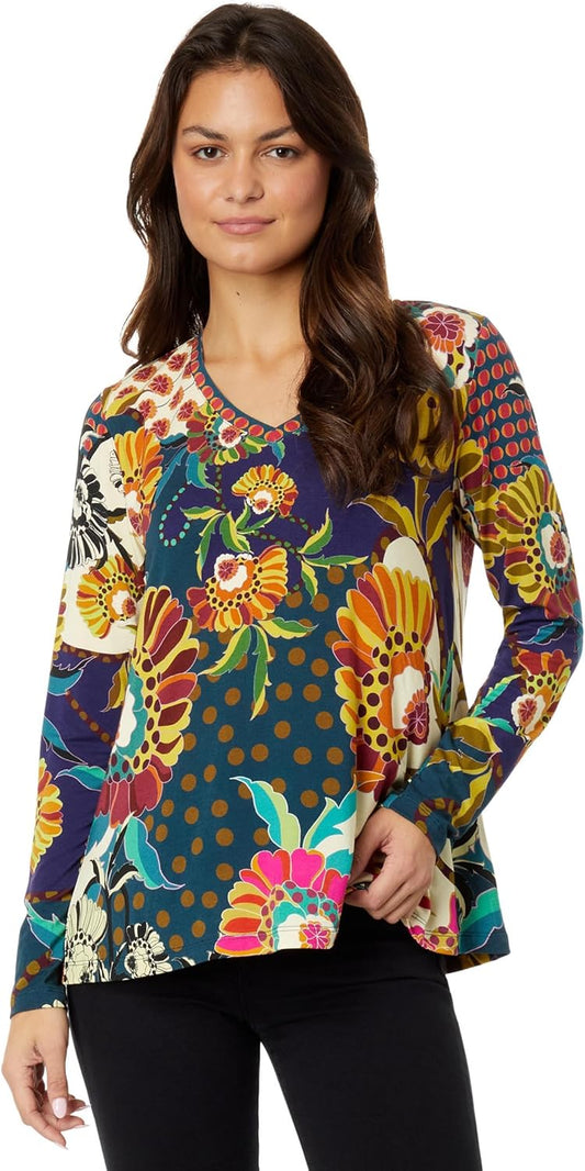 Johnny Was Women Kimbra Favorite Long Sleeve V-Neck Swing Tee Multi T-Shirt