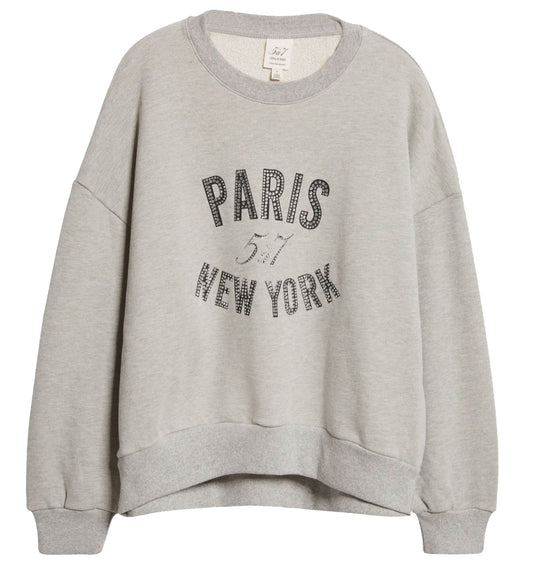 Cinq A Sept Rhinestone Paris New York Brandy Pullover Sweatshirt Heather Grey