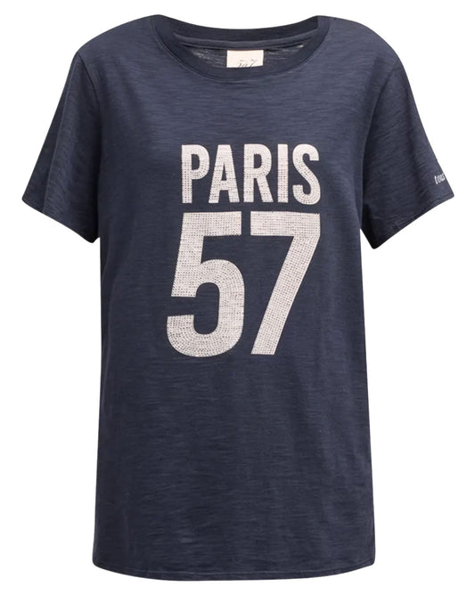 Cinq A Sept Women Tee Rhinestone Paris 57 Cotton T-Shirt Navy/White