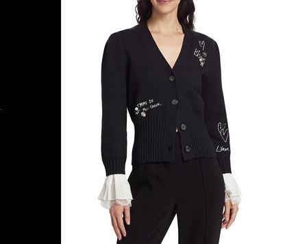 Cinq a Sept Womens Emilee Black Knit with Lace Trim Cardigan Sweater