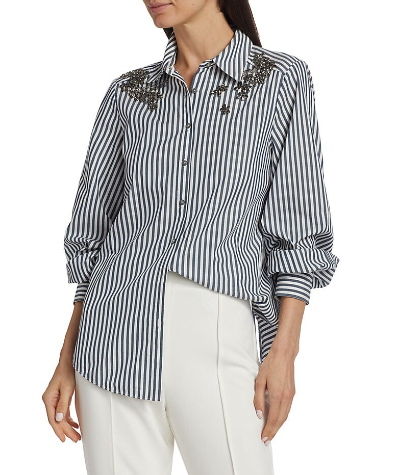 Cinq à Sept Women Crystal Ivy Stripe Kandice Button Down Top Peacock Blue/Ivory