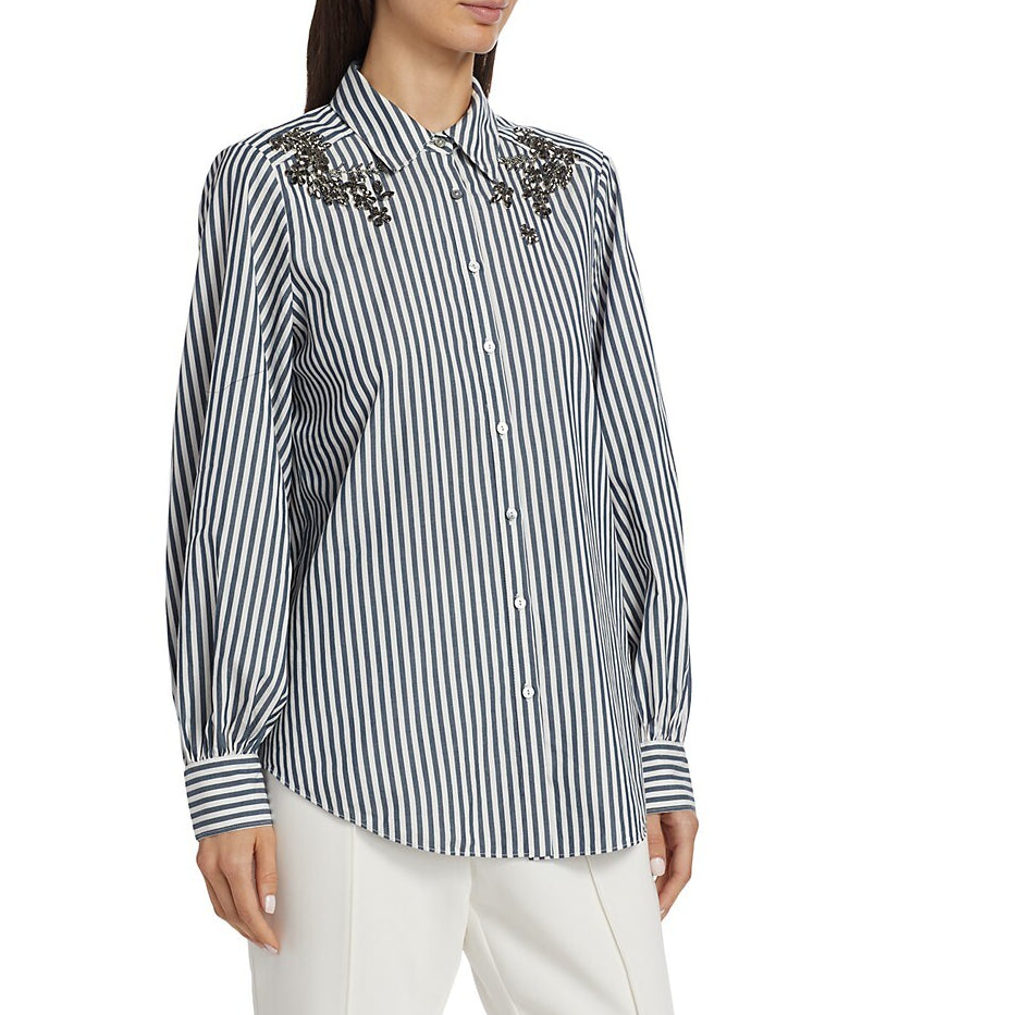 Cinq à Sept Women Crystal Ivy Stripe Kandice Button Down Top Peacock Blue/Ivory