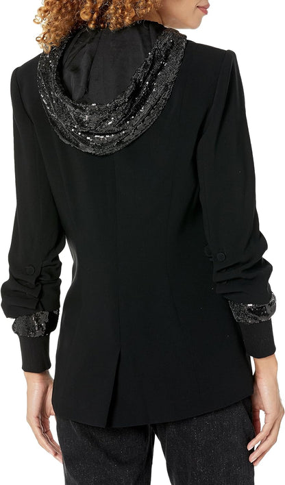 Cinq a Sept Women's Solid Black Sequin Hooded Khloe Blazer Jacket