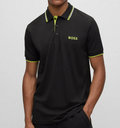 HUGO BOSS Men Paddy Pro Short Sleeve Deep Black/Electric Lime Polo T-Shirt