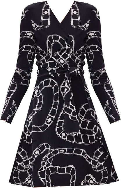 Diane Von Furstenberg Dvf Women Demetria Black White Movie Chain Wrap Dress