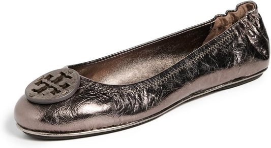 Tory Burch Womens Spring Pewter Leather Minnie Travel Ballet Flats Shoes