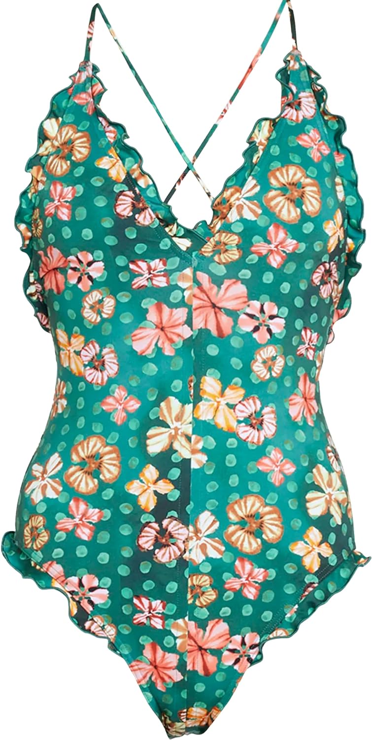 Ulla Johnson Women's Giordana Maillot Green Floral One Piece Swimsuit with Ruffl