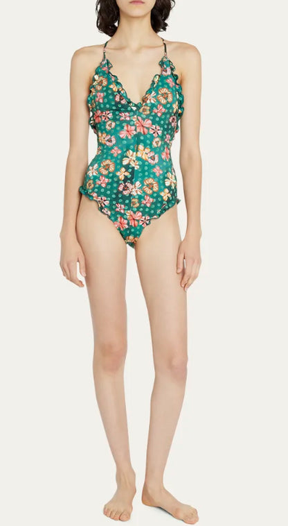 Ulla Johnson Women's Giordana Maillot Green Floral One Piece Swimsuit with Ruffl