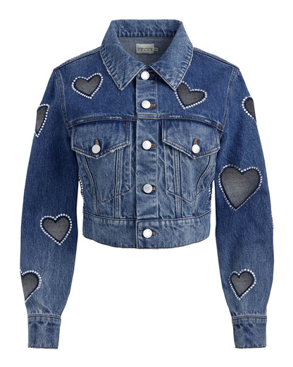 Alice + Olivia Women's Jeff Blue Denim Cut Out Heart Cropped Jacket Blue