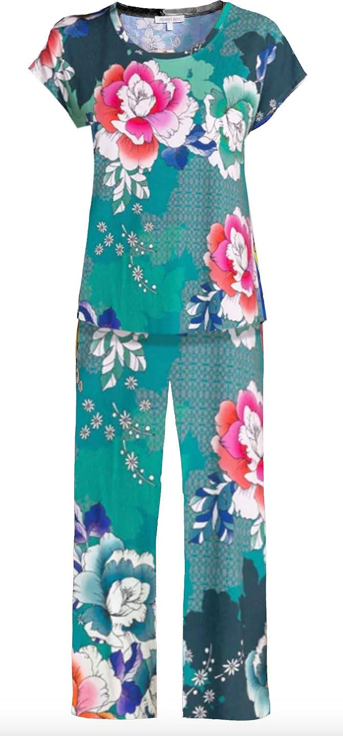 Johnny Was Women Tura Green Floral Cap Sleeve Crop Pajamas Set