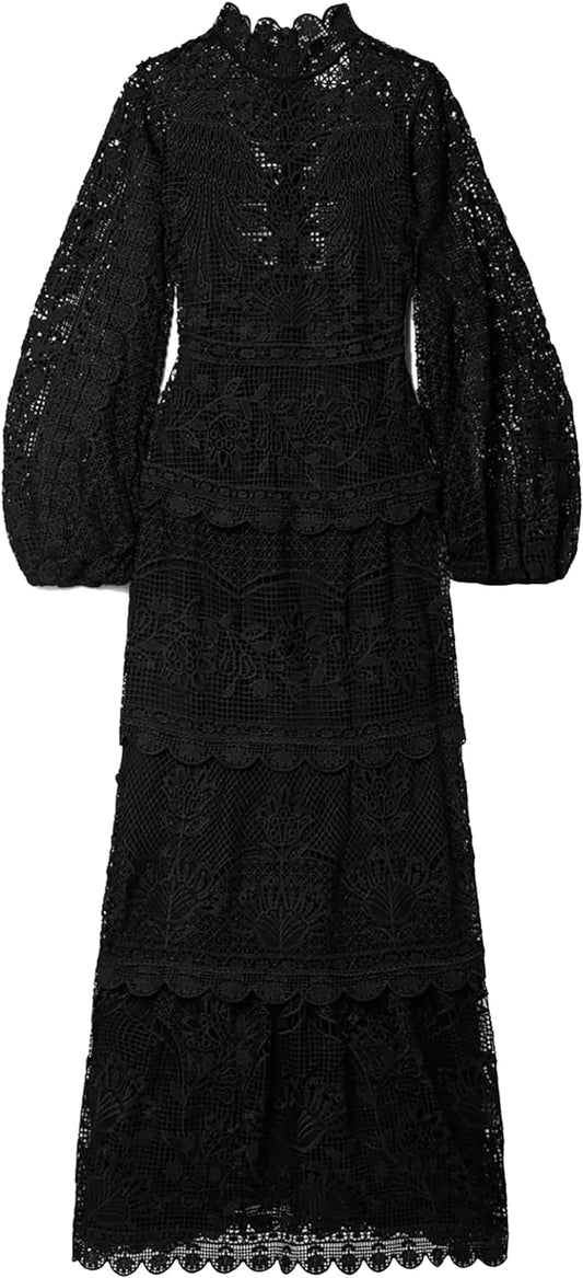 Farm Rio Women Black Guipure Long Sleeve Mock Neck Maxi Dress Black