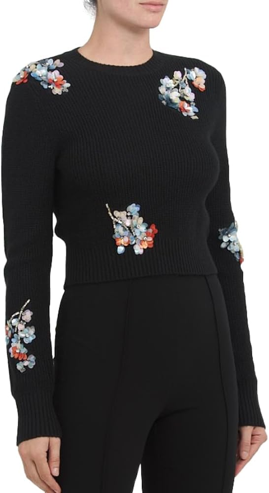 Cinq A SEPT'S Evie Crewneck, Black/Multi Floral Cropped Sweater