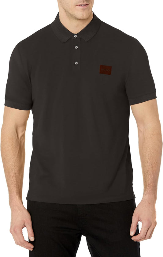 HUGO Men's Square Logo Cotton Polo Shirt Black Short Sleeve