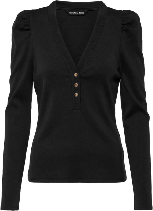 Veronica Beard Women Mock V-Neck Puff Sleeves Dekalb Top  Black