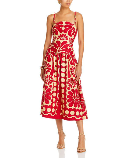 Farm Rio Women Palermo Red Sleeveless Beaded Strap Midi Dress