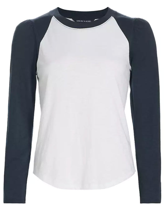 Veronica Beard Women Mason Long Sleeve Crew Neck Baseball Tee White/Marine