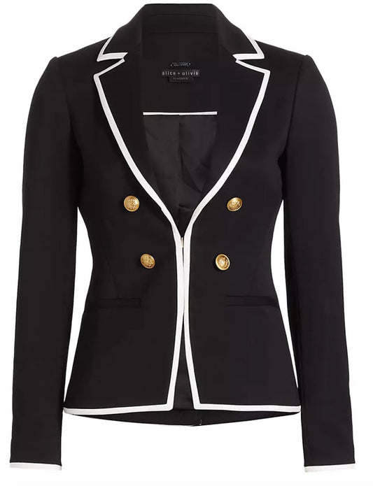 Alice + Olivia Women Mya Ftd Contrast Binding Gold Button Blazer Black/Off White