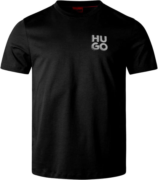 HUGO Men's Solid Black Stacked Logo Short Sleeve Crew Neck Cotton T-Shirt