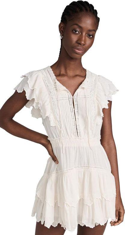 LoveShackFancy Women's Darryl Cotton Viscose Dress, Optic White Tiered Mini