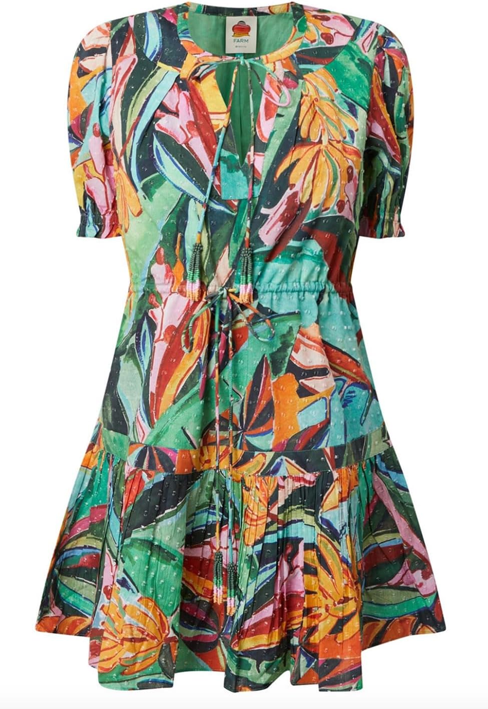 Farm Rio Women Short Sleeve Polyester Mini Dress Banana Foliage Multicolor