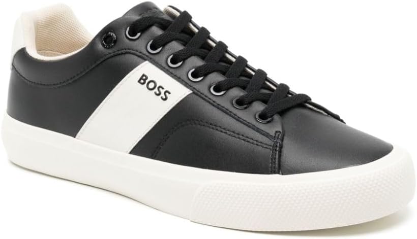 HUGO BOSS Men Aiden Logo Block Leather Low Top Lace Up Sneaker, Black Storm