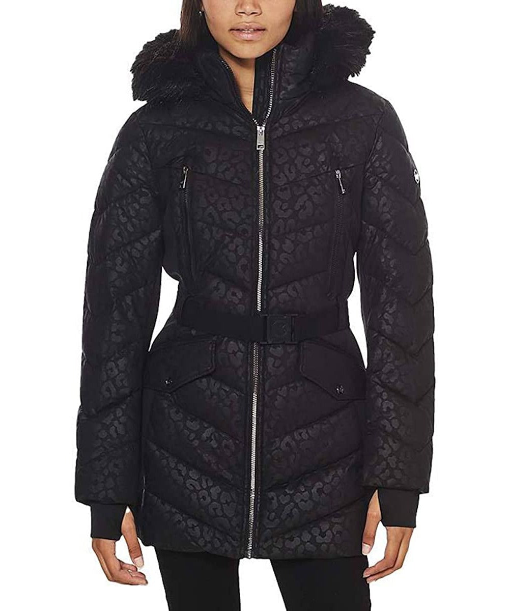 Michael Michael Kors Women's Logo Leopard Belted Hood Puffer Coat Black Animal