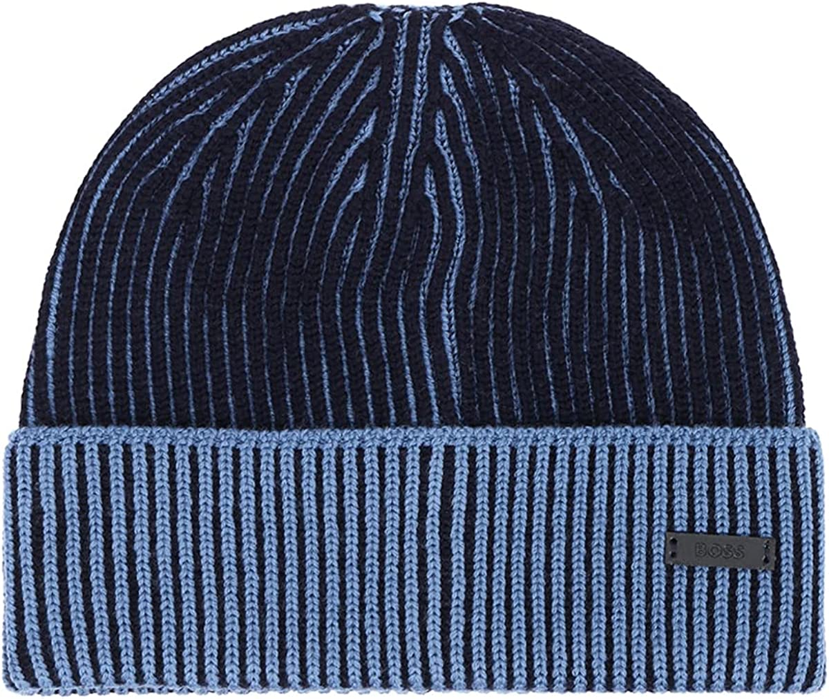 Hugo Boss Men's Lupini Blue Wool Ribbed Knit Beanie Hat