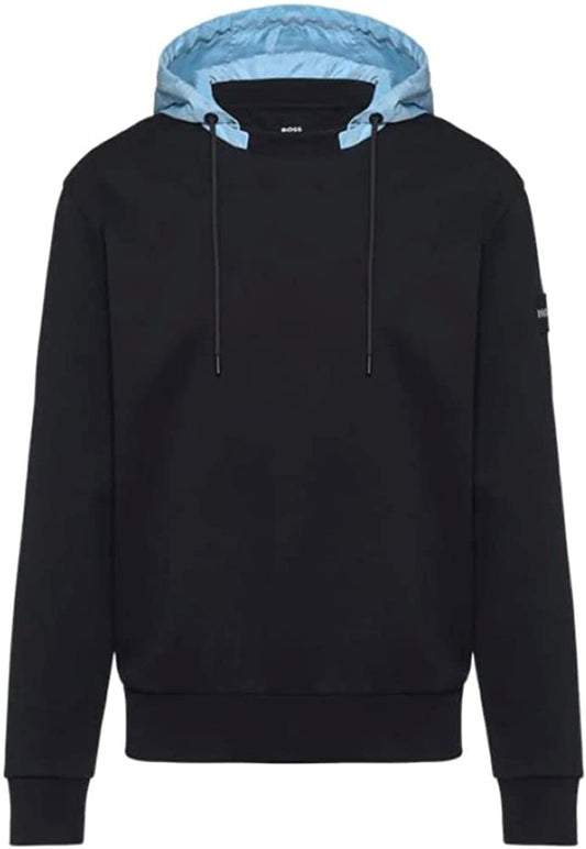 Hugo Boss Men's Seeger 93 Navy Blue Cotton Hoody Sweatshirt with Nylon Removable Hood Large